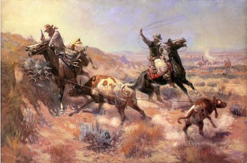 Indiana Cowboy Painting - a serious predicament 1908 Charles Marion Russell Indiana cowboy